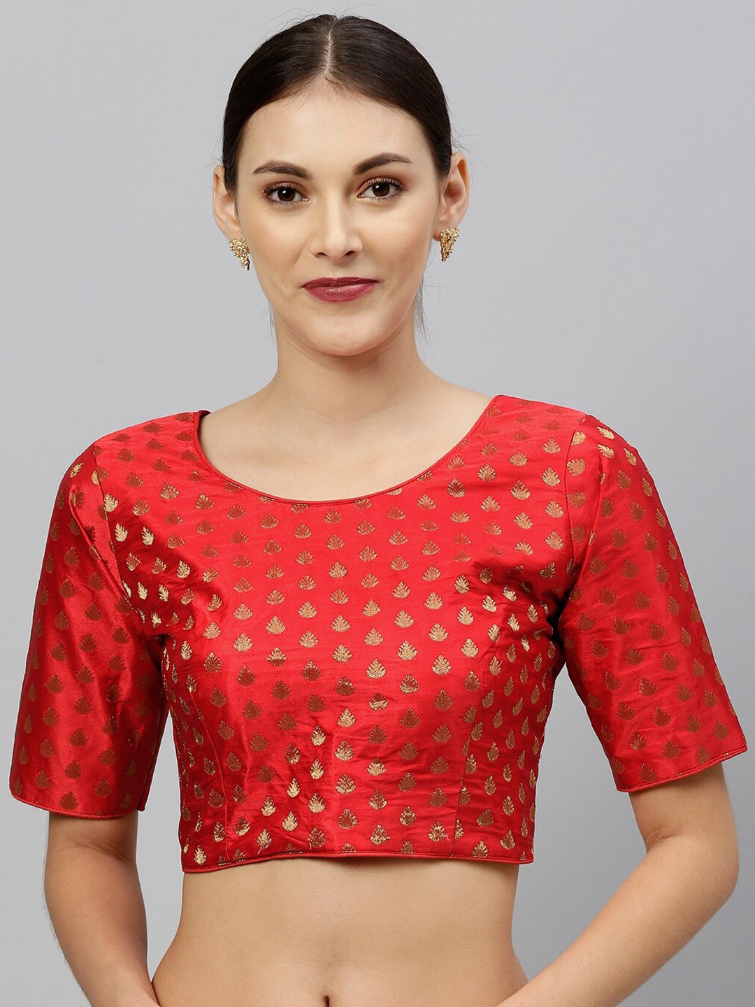 

Bhavyam Woven Design Round Neck Jacquard Saree Blouse, Red