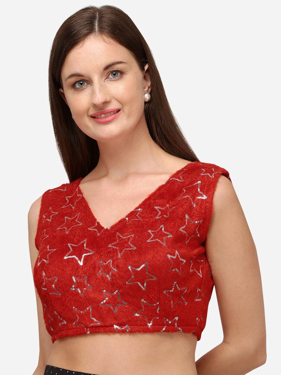 

Bhavyam Embellished V-Neck Silk Saree Blouse, Red