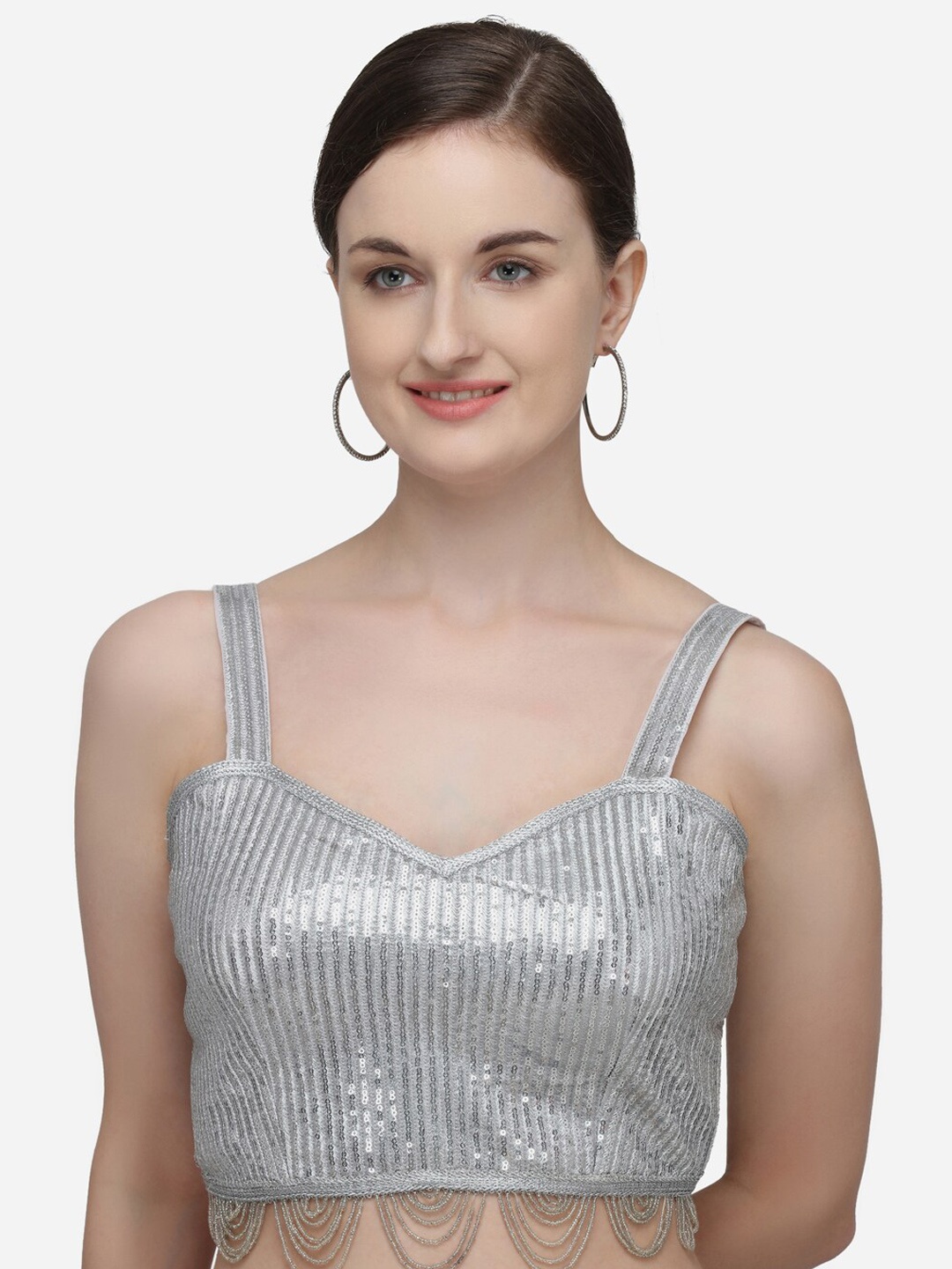 

Bhavyam Sequins Embellished V-Neck Silk Saree Blouse, Grey