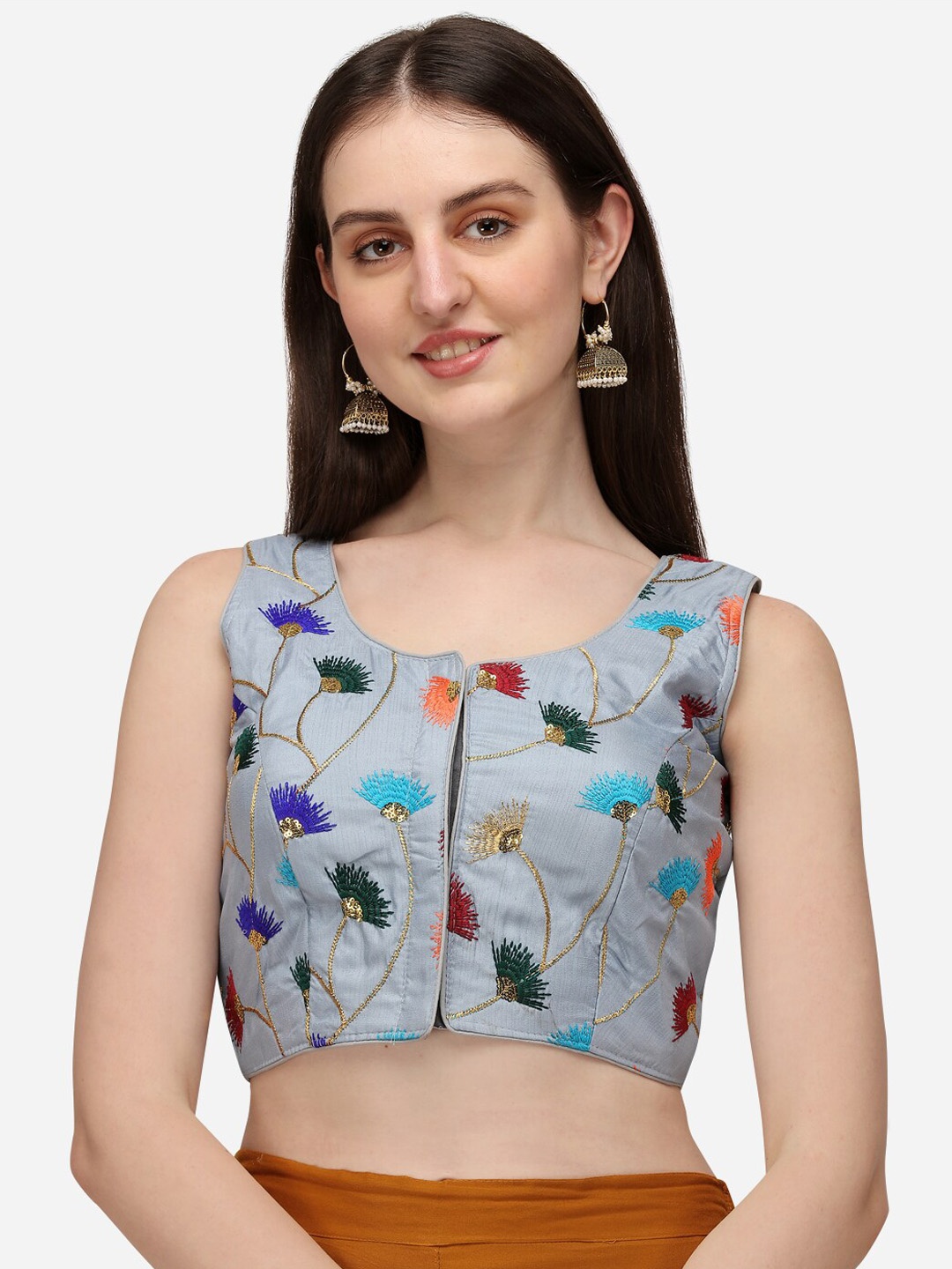 

Bhavyam Floral Embroidered Thread Work Detailed Silk Saree Blouse, Grey