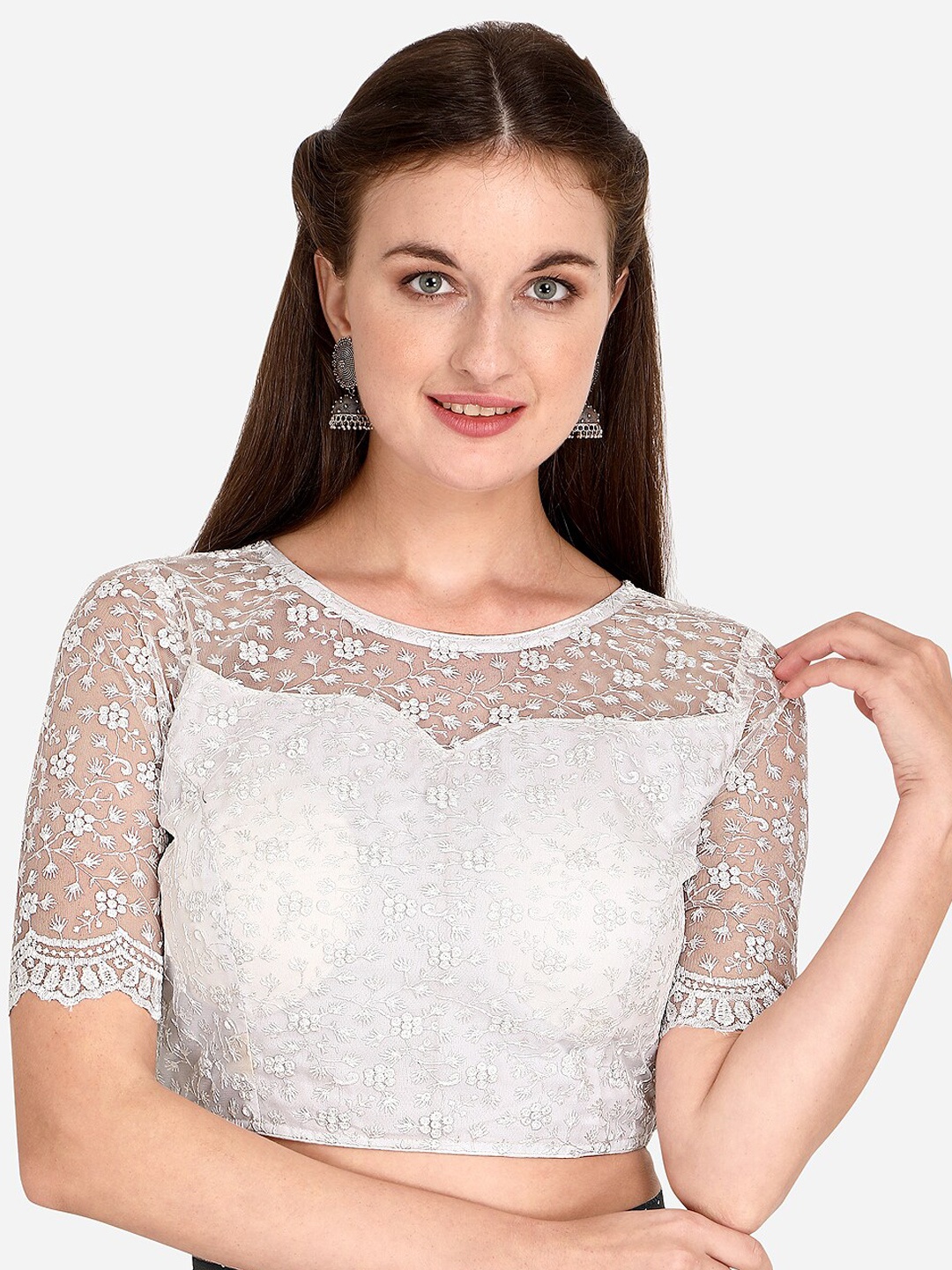 

Bhavyam Embroidered Boat Neck Saree Blouse, White