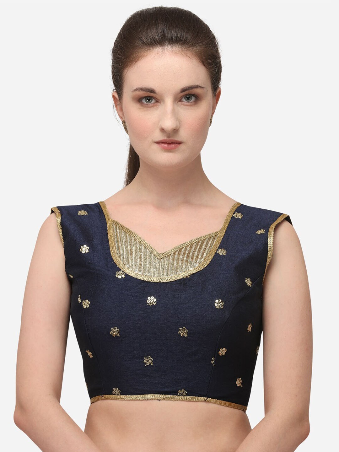 

Bhavyam Embellished Sleeveless V-Neck Saree Blouse, Navy blue