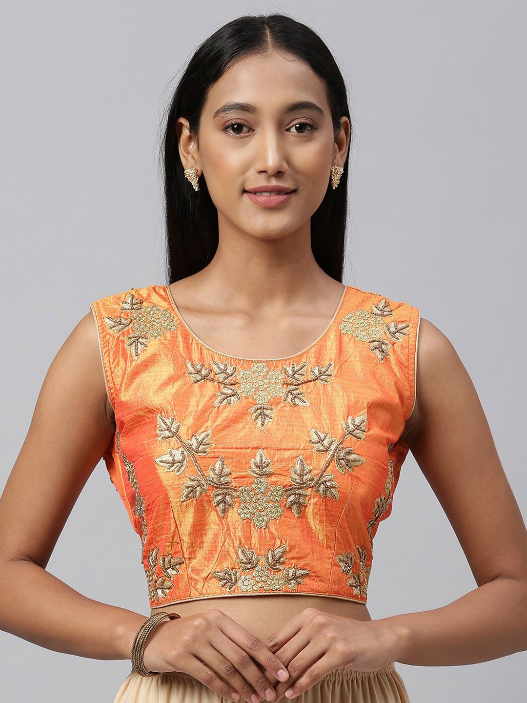 

Bhavyam Floral Embroidered Sleeveless Malbari Silk Saree Blouse, Orange