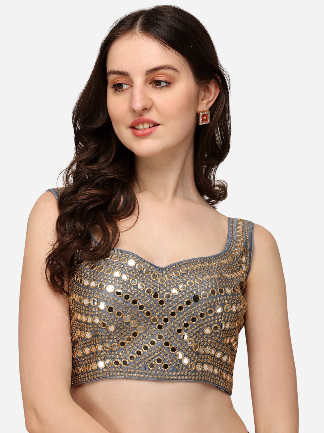 

Bhavyam Embroidered Sweetheart Neck Saree Blouse, Grey