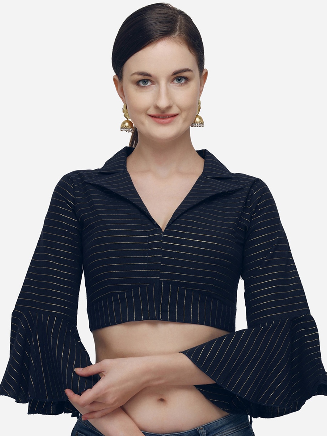 

Bhavyam Printed Shirt Collar Bell Sleeves Zari Saree Blouse, Navy blue
