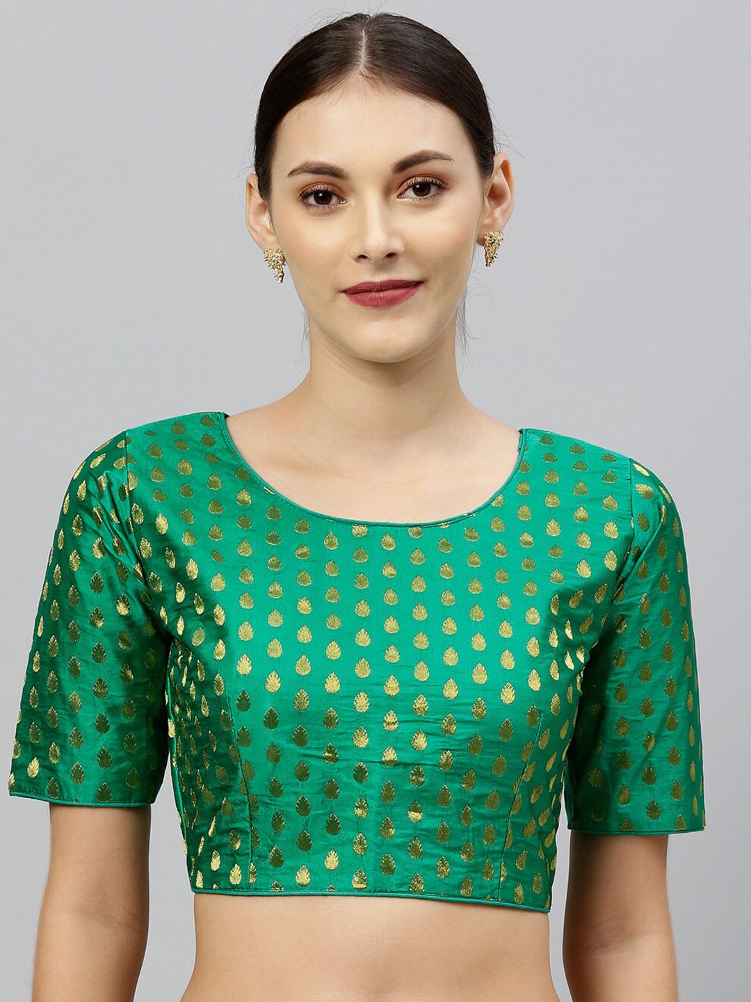 

Bhavyam Zari-Design Round Neck Jacquard Saree Blouse, Green