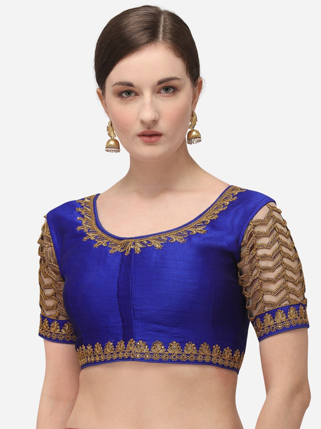 

Bhavyam Embroidered Round Neck Silk Saree Blouse, Blue
