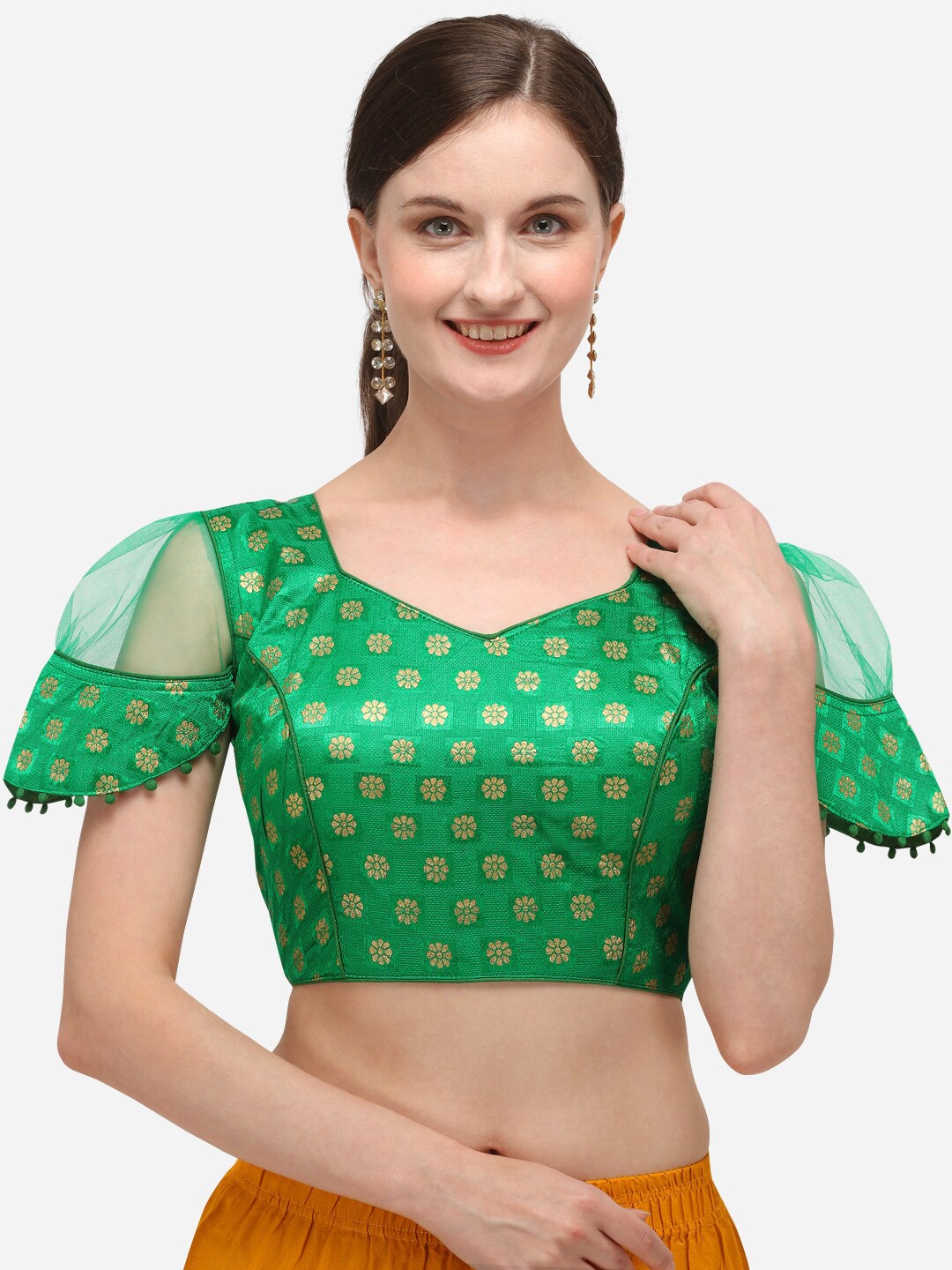 

Bhavyam Ethnic Motifs Embroidered Zari Jacquard Saree Blouse, Green