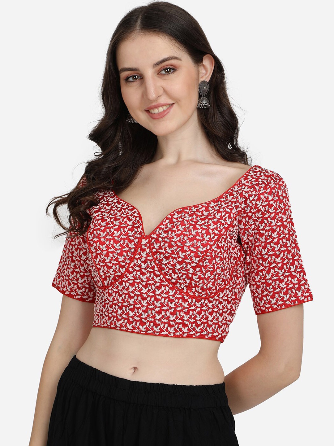 

Bhavyam Floral Embroidered Silk Sweetheart Neck Saree Blouse, Red