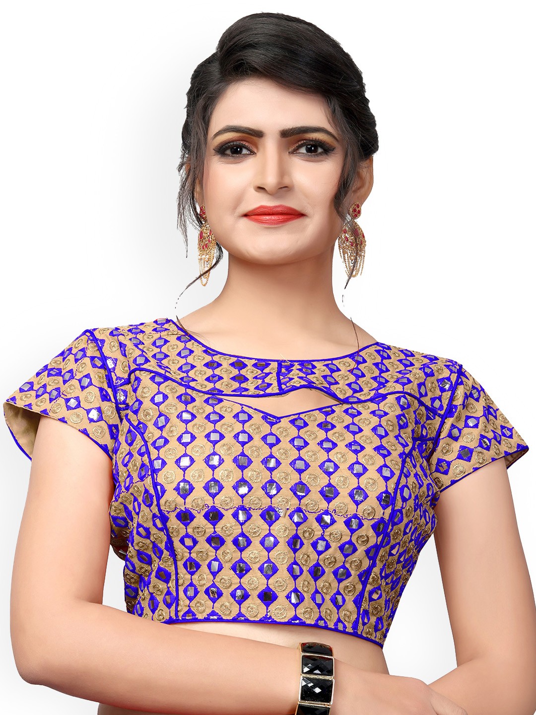 

Bhavyam Embroidered Round Neck Mirror Work Silk Saree Blouse, Blue