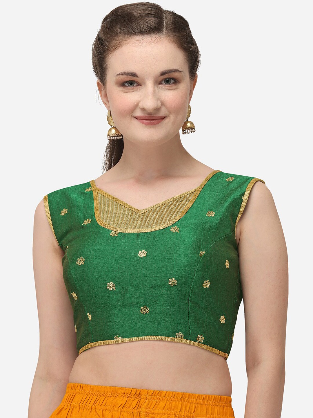 

Bhavyam Embroidered Sequinned V-Neck Silk Saree Blouse, Green