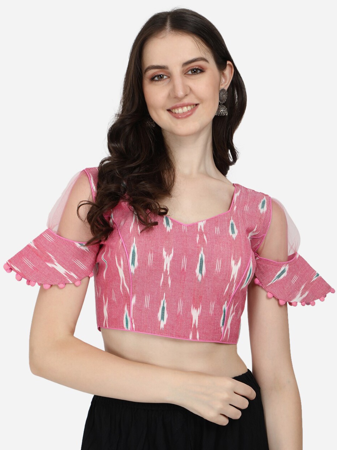 

Bhavyam Ikat Printed Sweetheart Neck Cotton Saree Blouse, Pink