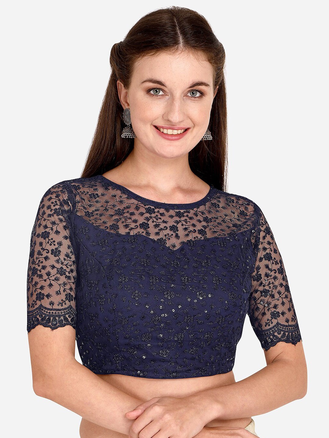 

Bhavyam Floral Embroidered Sequined Net Saree Blouse, Navy blue