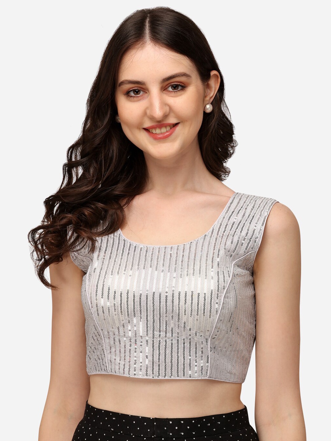 

Bhavyam Embroidered Round Neck Sequinned Georgette Saree Blouse, Grey