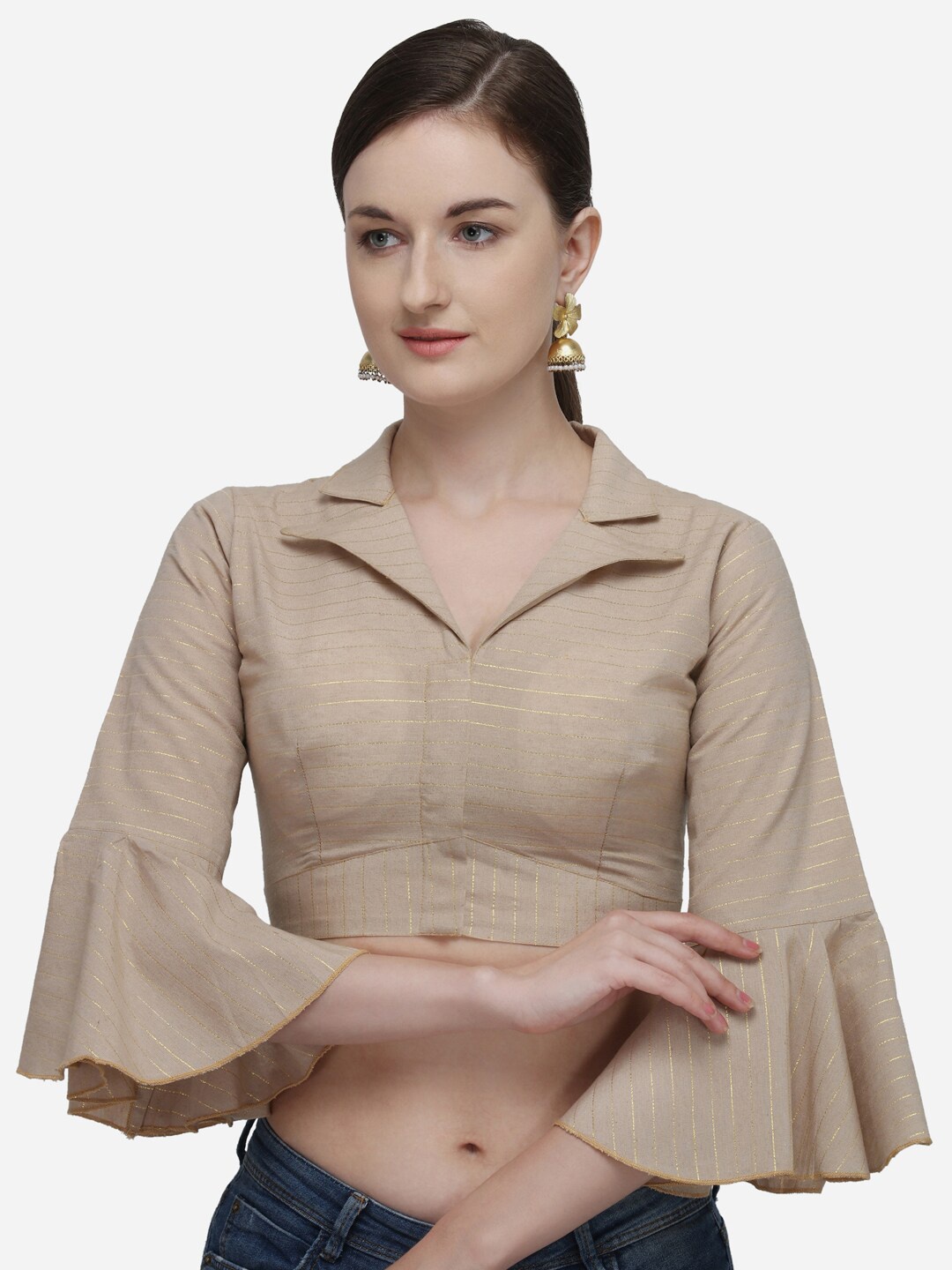 

Bhavyam Striped Zari Bell Sleeves Shirt Collar Saree Blouse, Beige