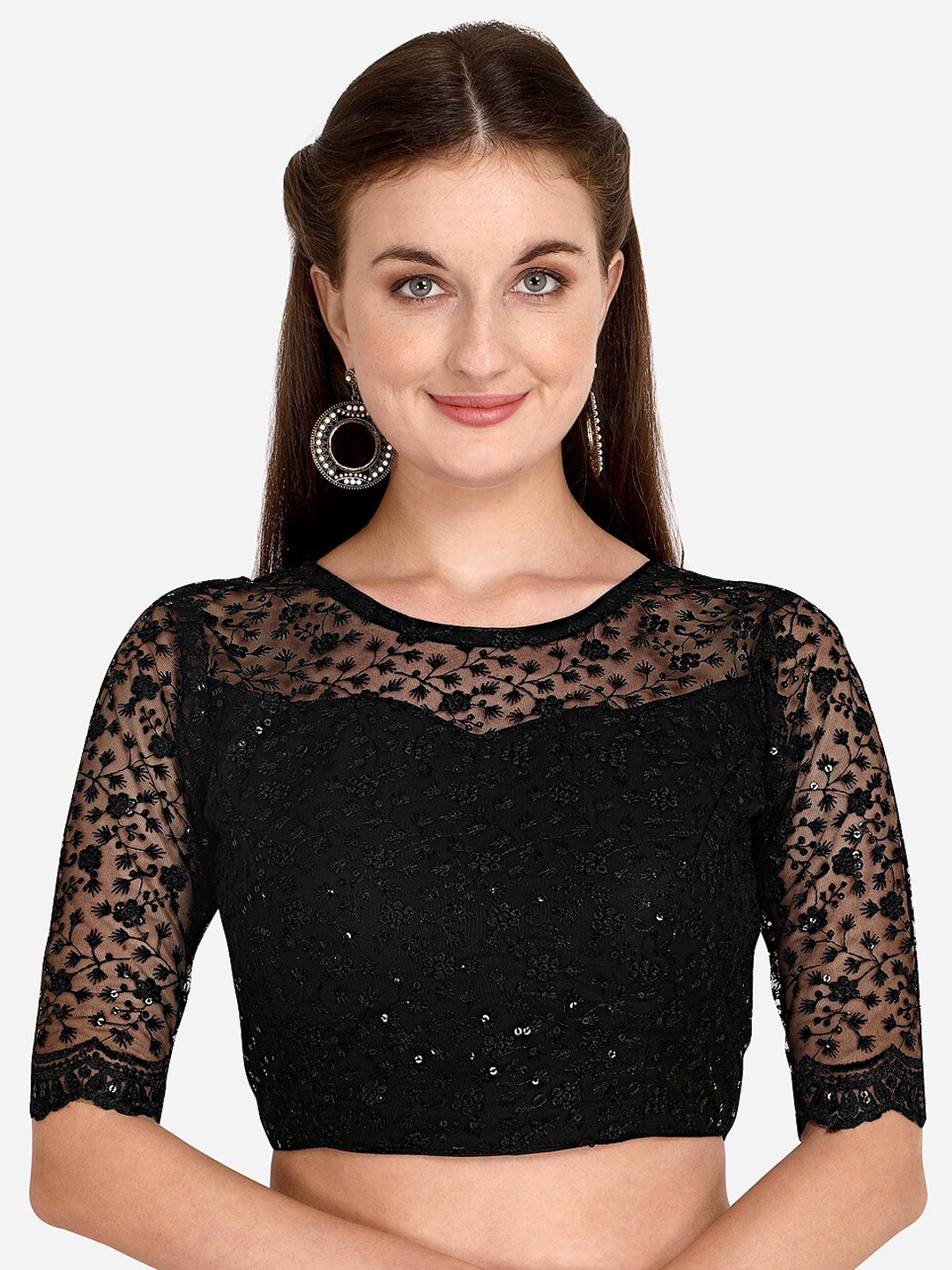 

Bhavyam Floral Embroidered Saree Blouse, Black