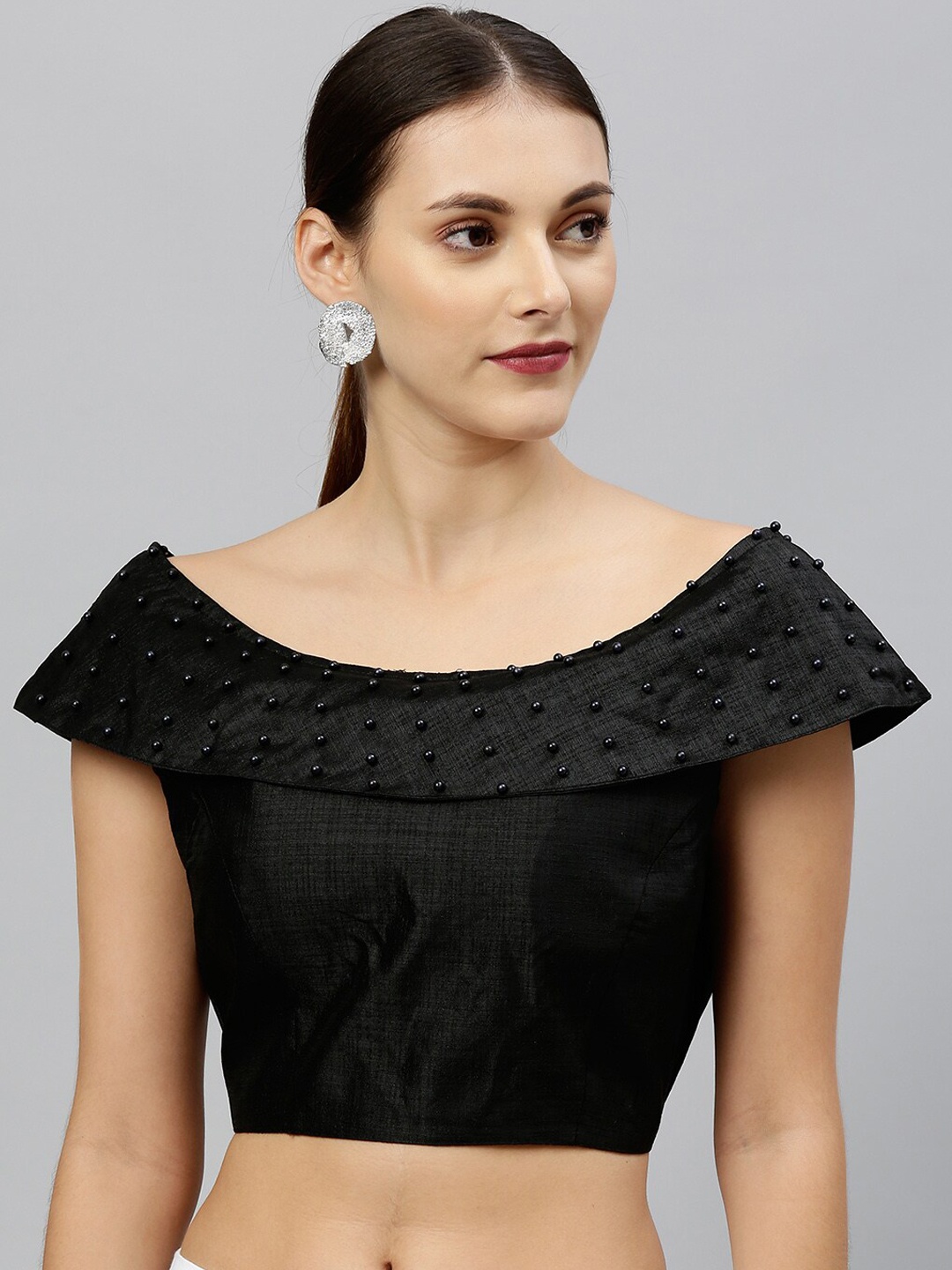 

Bhavyam Embellished Boat Neck Silk Saree Blouse, Black
