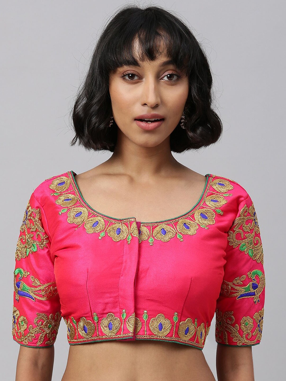 

Bhavyam Embroidered Phantom Silk Round Neck Saree Blouse, Pink