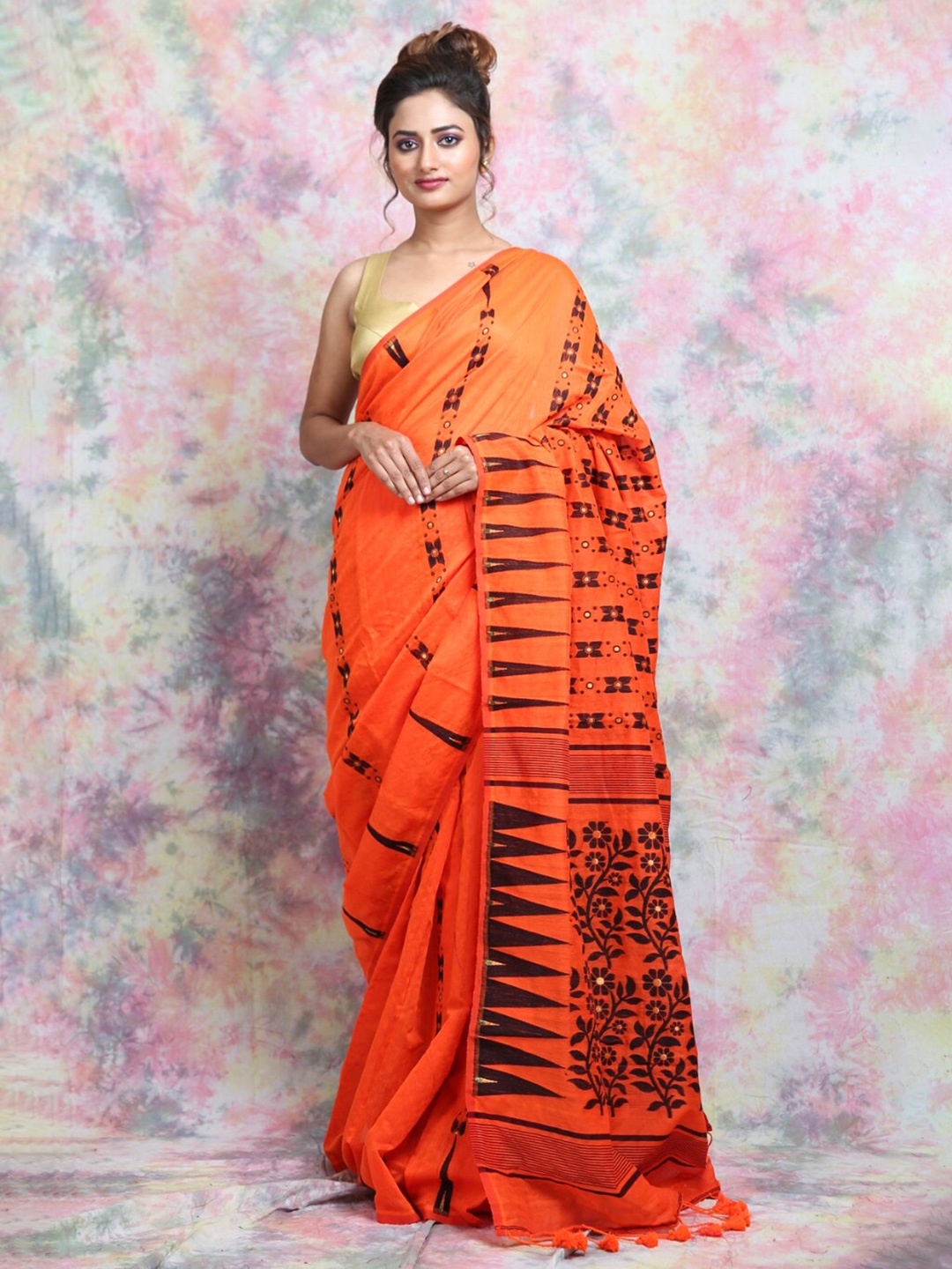 

Charukriti Ethnic Motifs Woven Design Silk Cotton Jamdani Saree, Orange