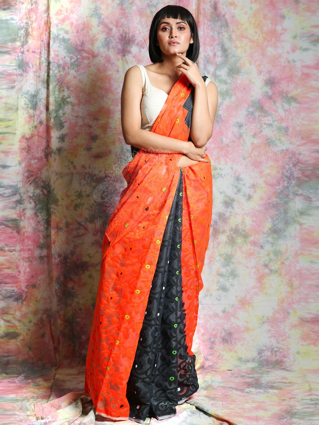 

Charukriti Floral Woven Design Silk Cotton Half and Half Jamdani Saree, Orange