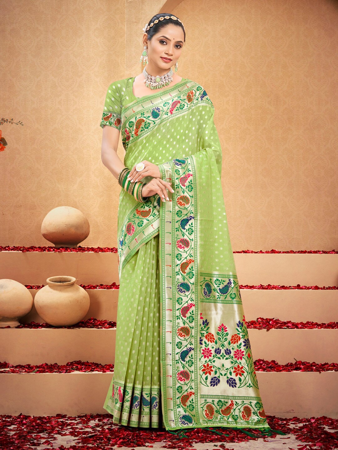 

SANGAM PRINTS Ethnic Motifs Woven Design Zari Saree, Green