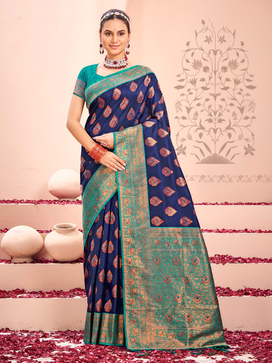 

SANGAM PRINTS Ethnic Motifs Woven Design Zari Kanjeevaram Saree, Blue