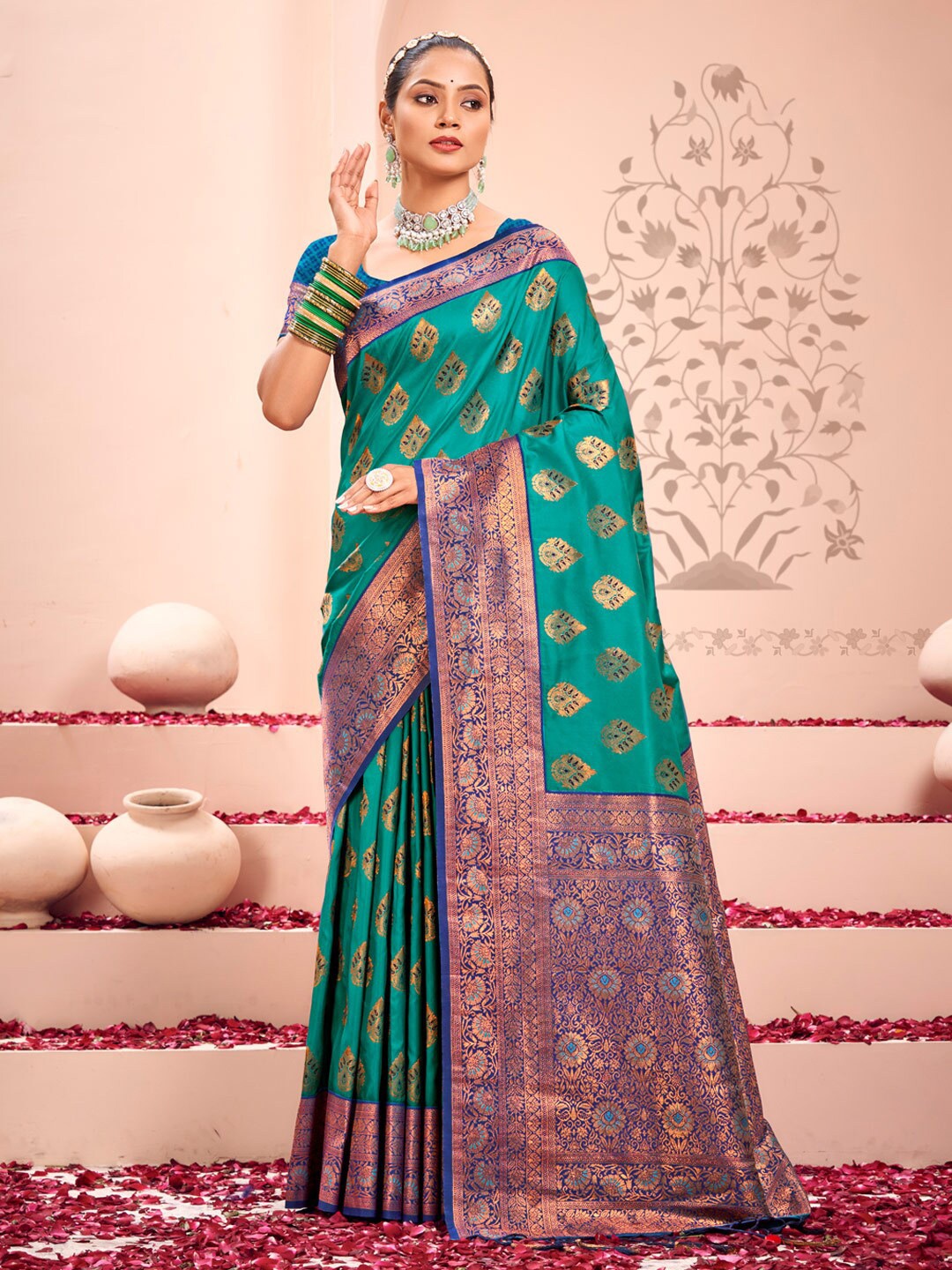 

SANGAM PRINTS Ethnic Motifs Woven Design Zari Kanjeevaram Saree, Sea green