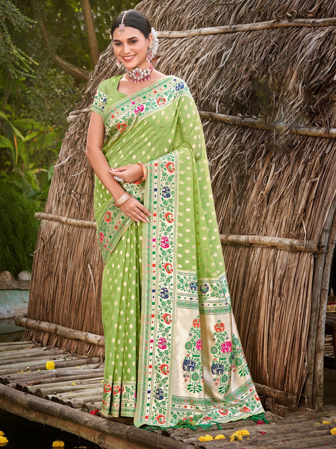 

SANGAM PRINTS Ethnic Motifs Woven Design Zari Paithani Saree, Green