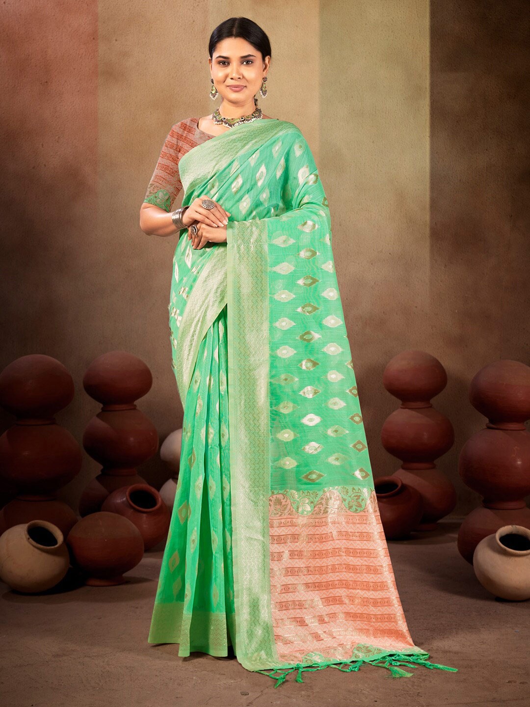 

SANGAM PRINTS Ethnic Motifs Woven Design Zari Saree, Sea green