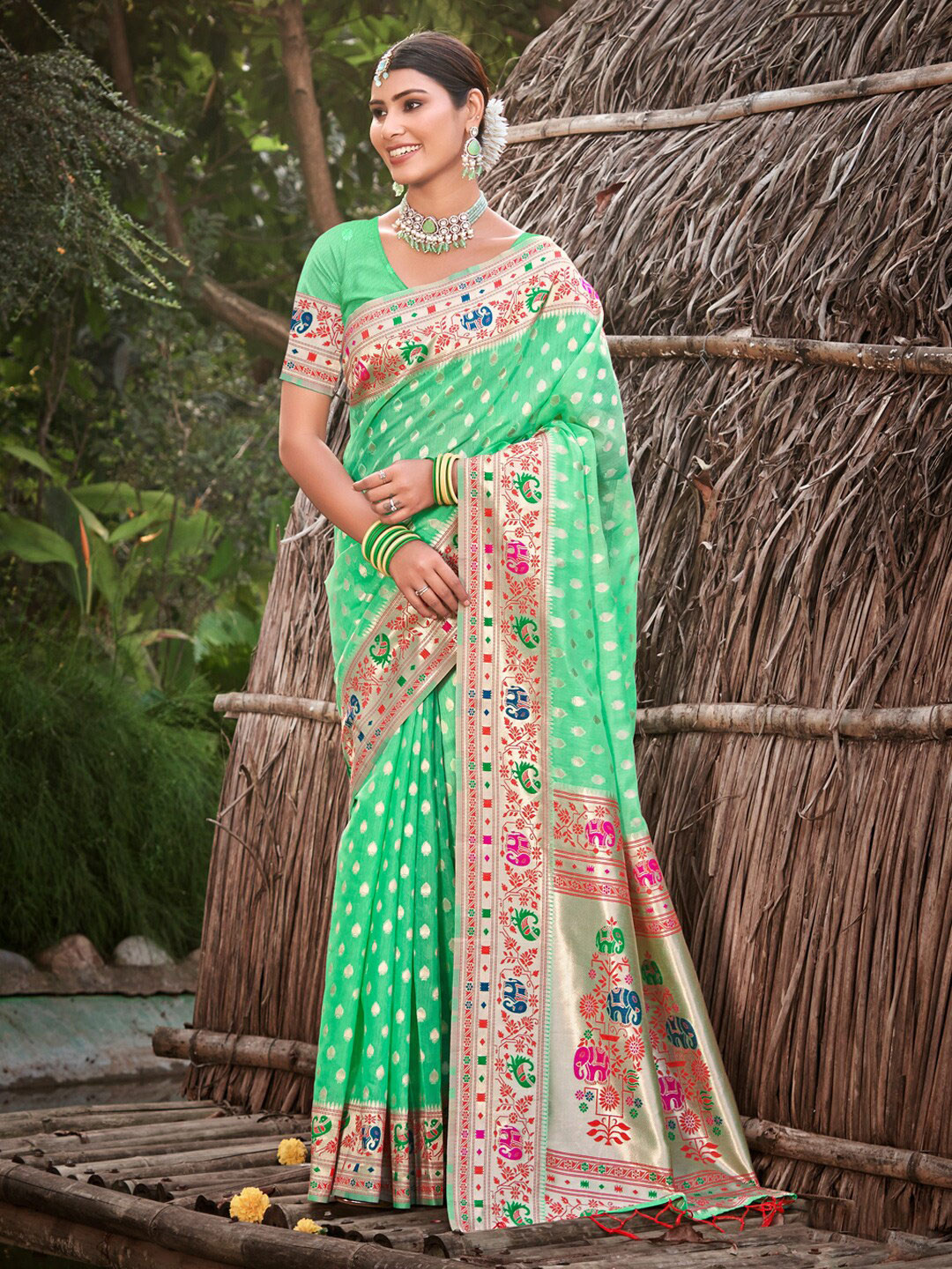 

SANGAM PRINTS Ethnic Motifs Woven Design Zari Paithani Saree, Green