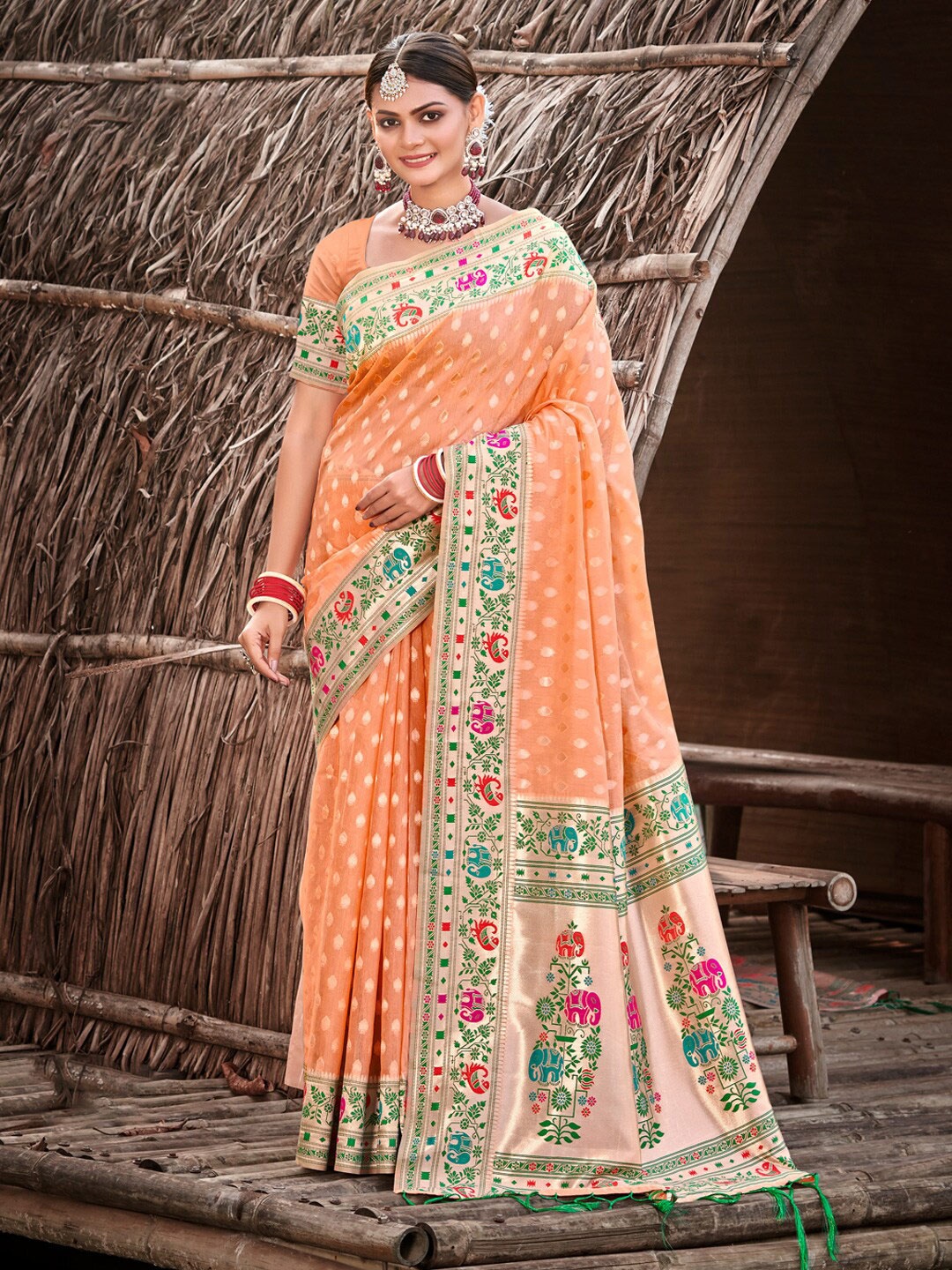 

SANGAM PRINTS Ethnic Motifs Woven Design Zardozi Zari Saree, Peach