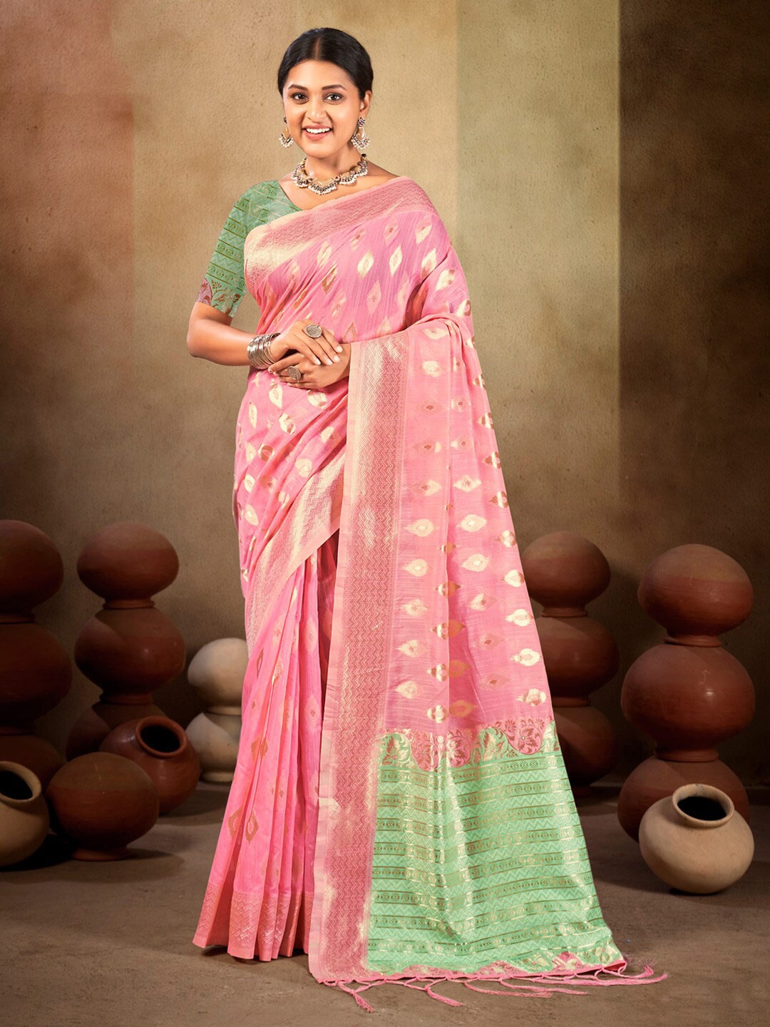 

SANGAM PRINTS Ethnic Motifs Woven Design Zari Saree, Pink