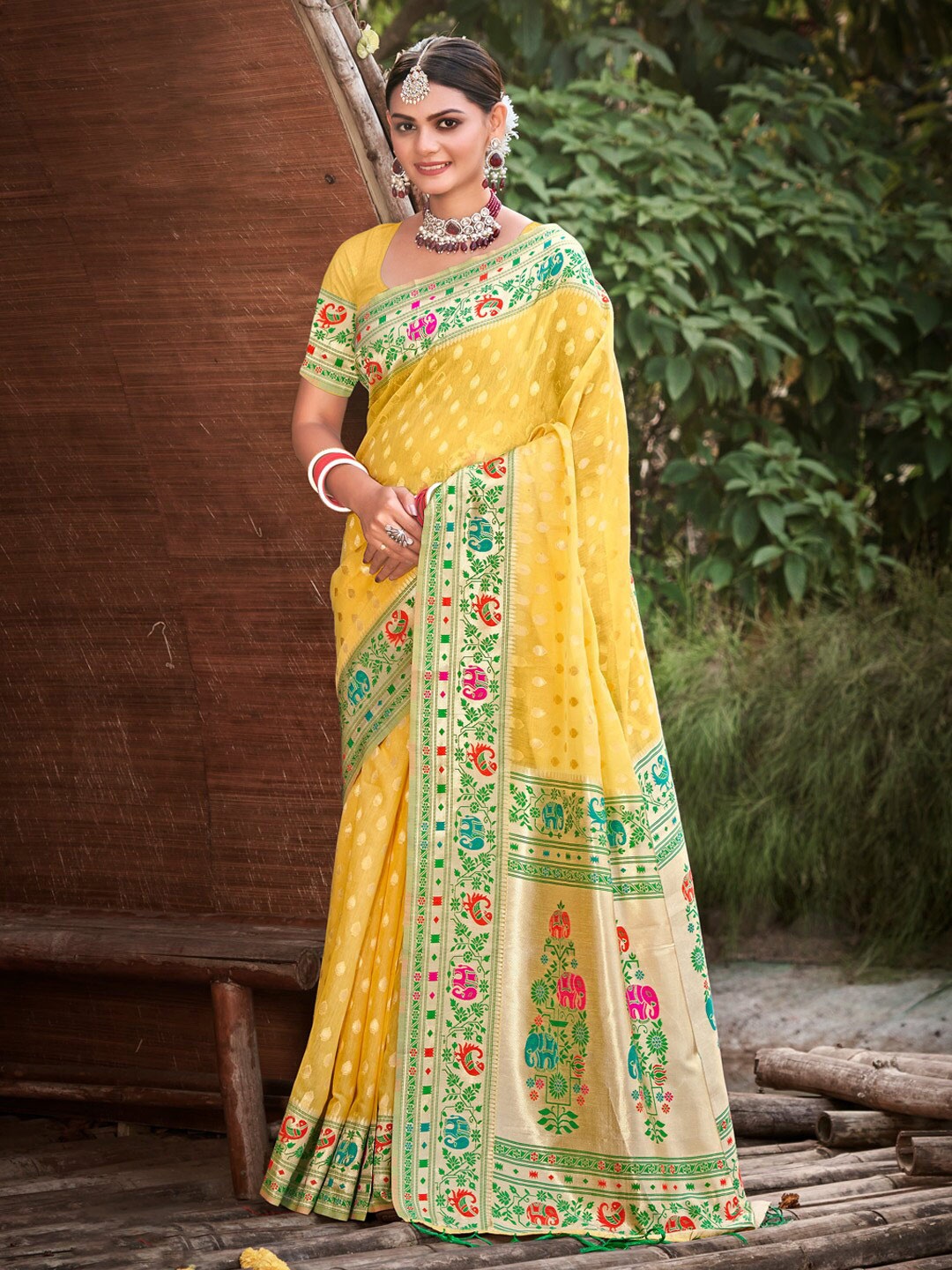 

SANGAM PRINTS Ethnic Motifs Woven Design Zari Paithani Saree, Yellow
