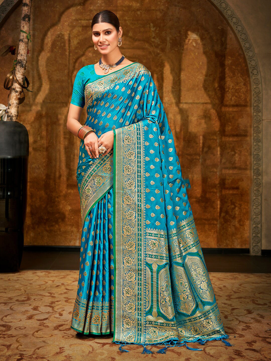 

SANGAM PRINTS Ethnic Motifs Woven Design Zari Banarasi Saree, Blue