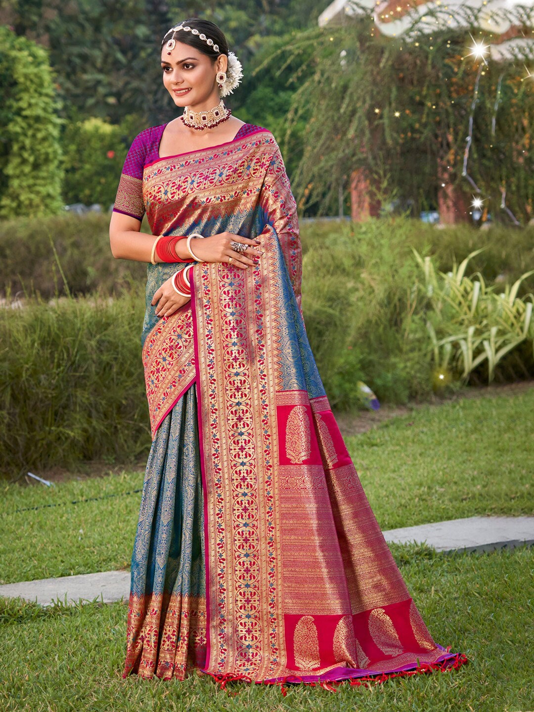 

SANGAM PRINTS Ethnic Motifs Woven Design Zari Kanjeevaram Saree, Blue