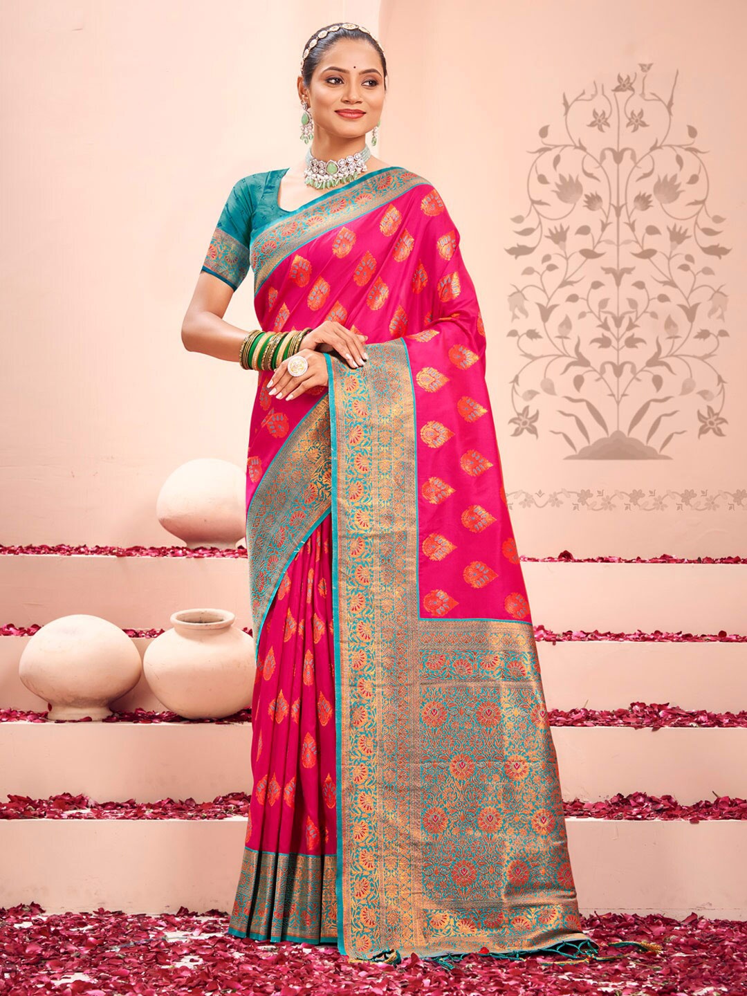 

SANGAM PRINTS Ethnic Motifs Woven Design Zari Kanjeevaram Saree, Pink