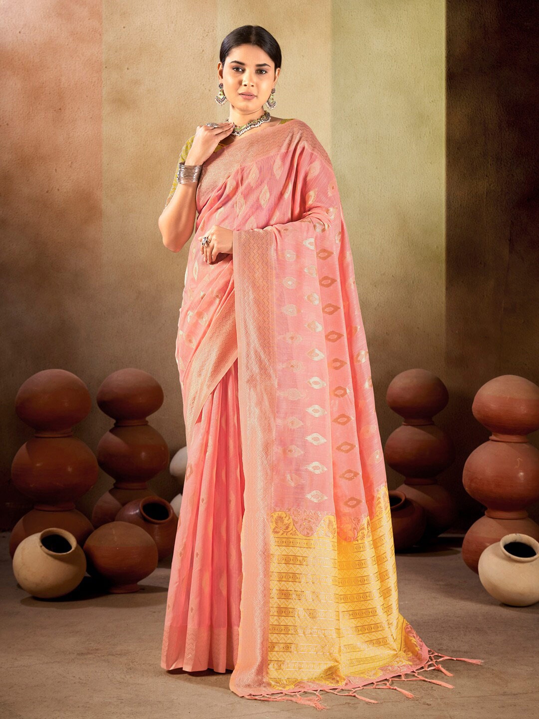 

SANGAM PRINTS Ethnic Motifs Woven Design Zari Saree, Peach