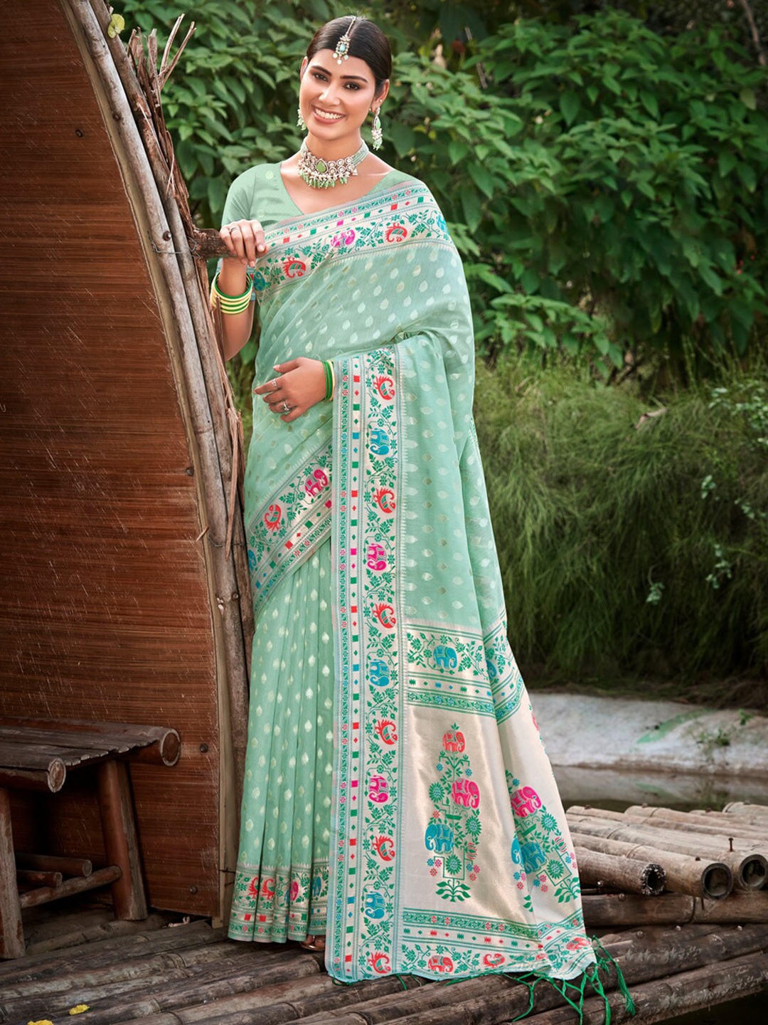 

SANGAM PRINTS Ethnic Motifs Zari Paithani Saree, Sea green