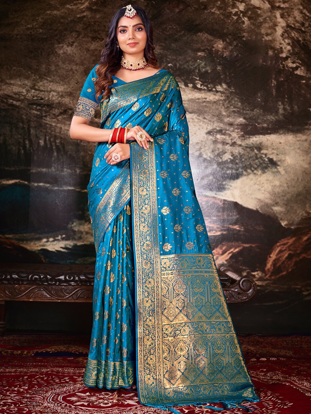 

SANGAM PRINTS Ethnic Motifs Woven Design Zari Saree, Blue