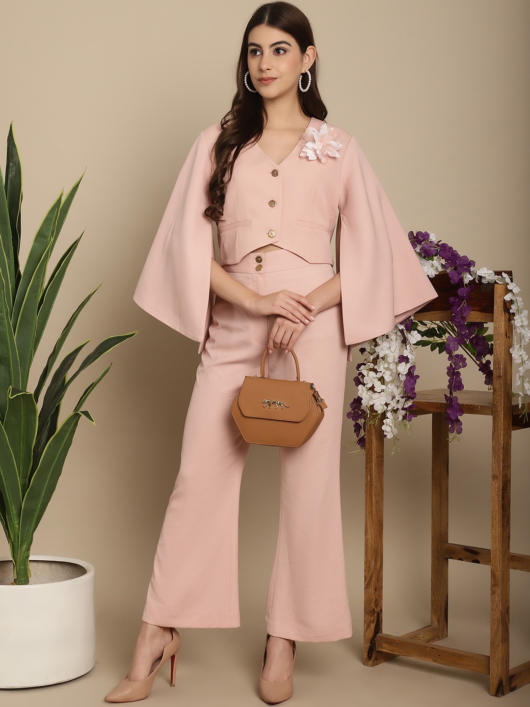 

BLANC9 V-Neck Flared Sleeves Top With TrouserS, Pink