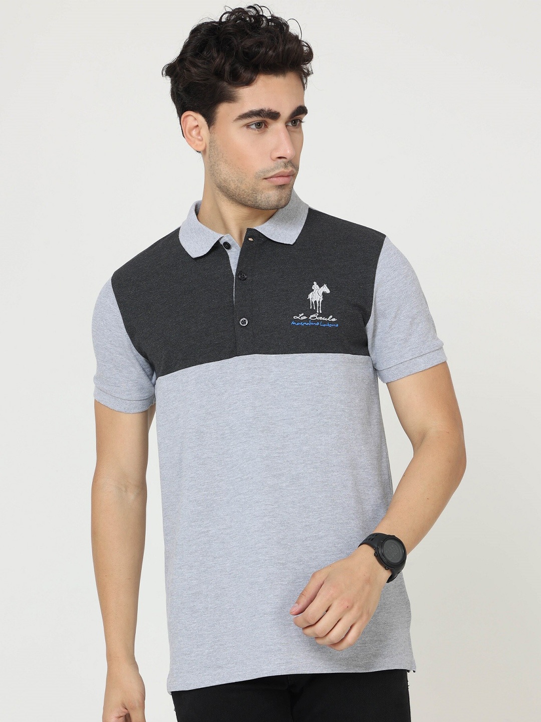 

Masculino Latino Plus Colourblocked Polo Collar Cotton T-shirt, Grey melange