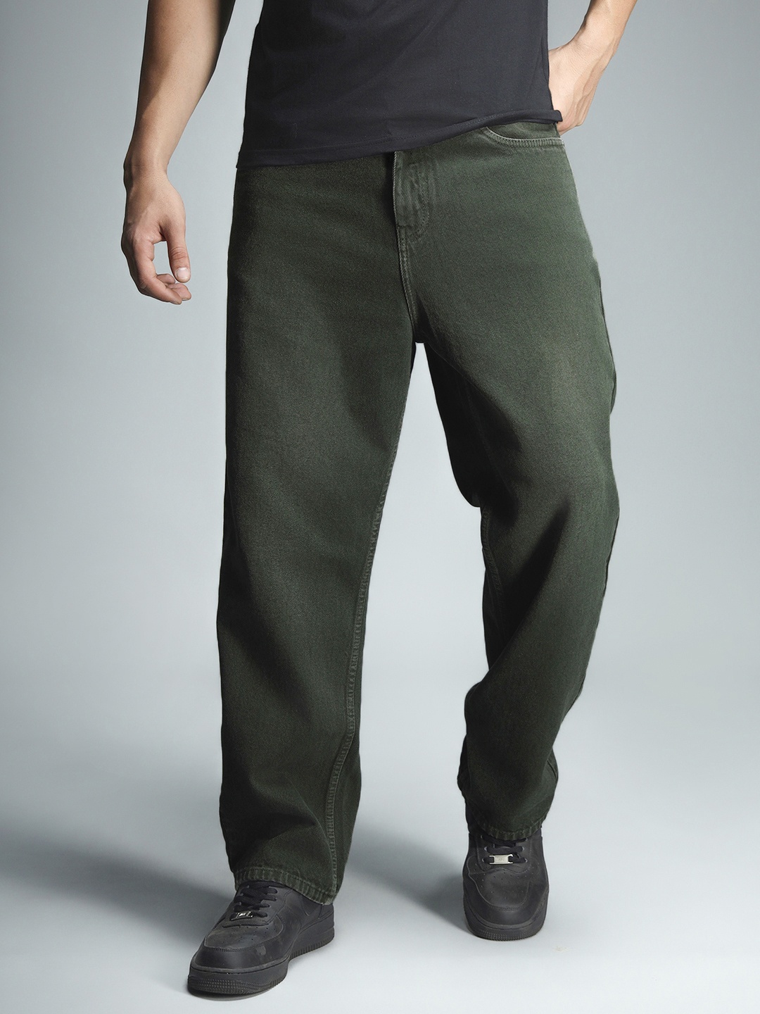 

High Star Men Relaxed Fit Clean Look Pure Cotton Jeans, Olive