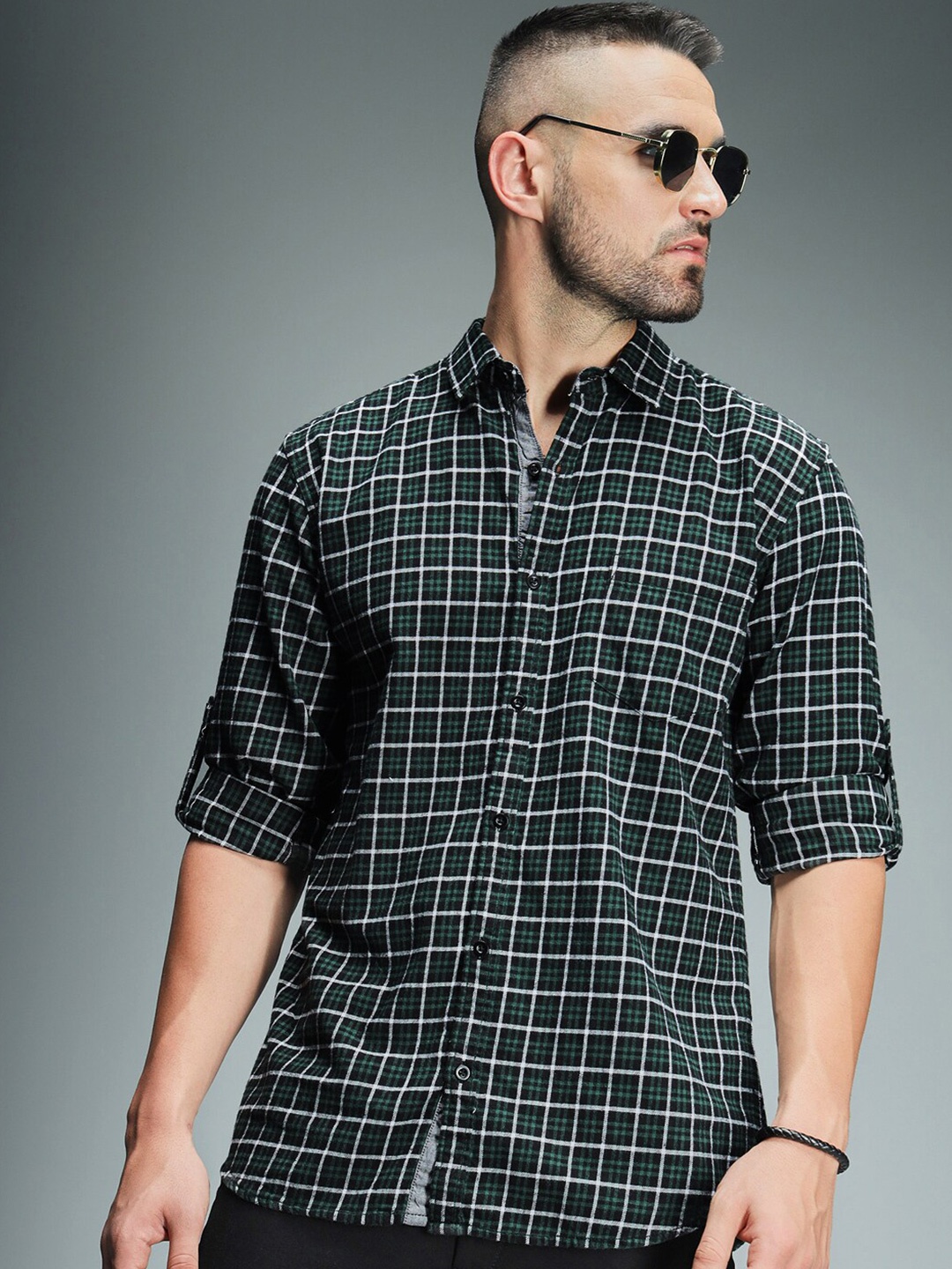 

High Star Standard Grid Tattersall Checked Pure Cotton Casual Shirt, Green