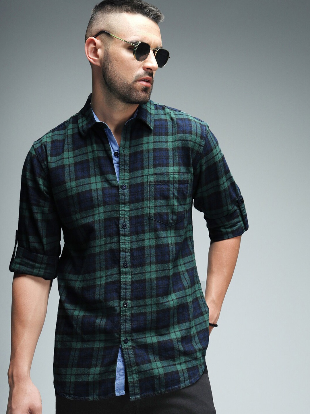 

High Star Standard Tartan Checked Pure Cotton Casual Shirt, Green