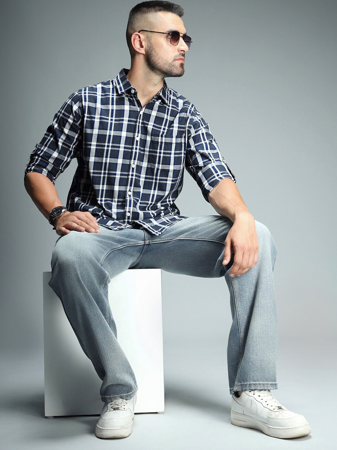 

High Star Classic Tartan Checked Pure Cotton Casual Shirt, Navy blue
