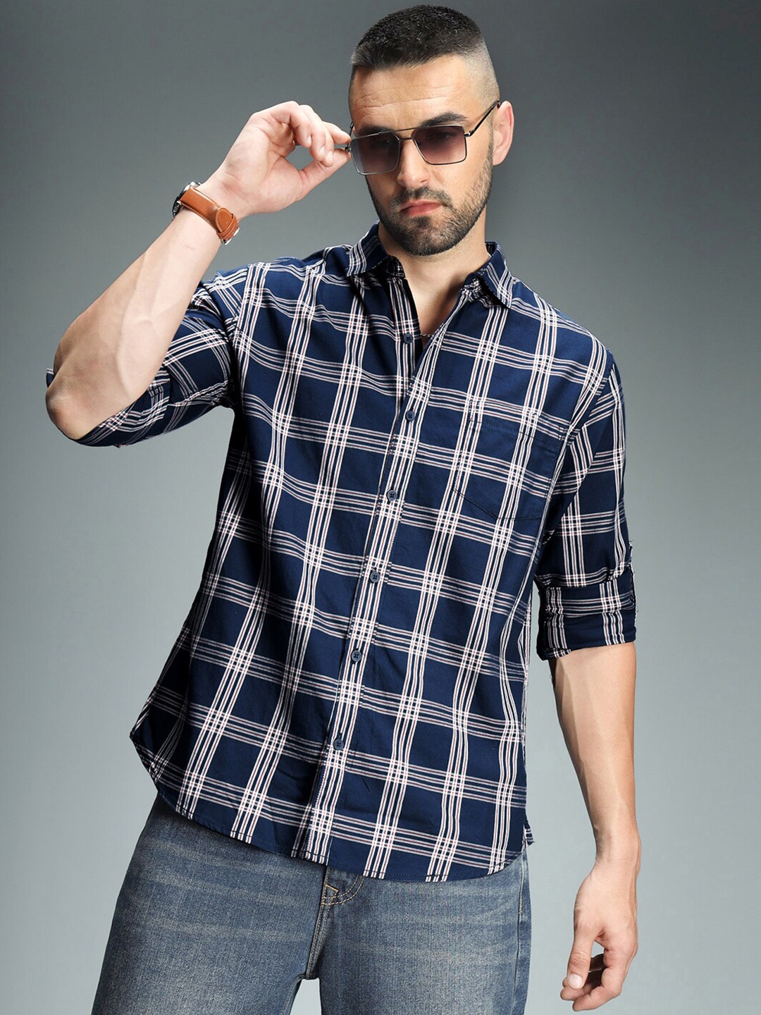 

High Star Classic Tartan Checked Pure Cotton Casual Shirt, Navy blue