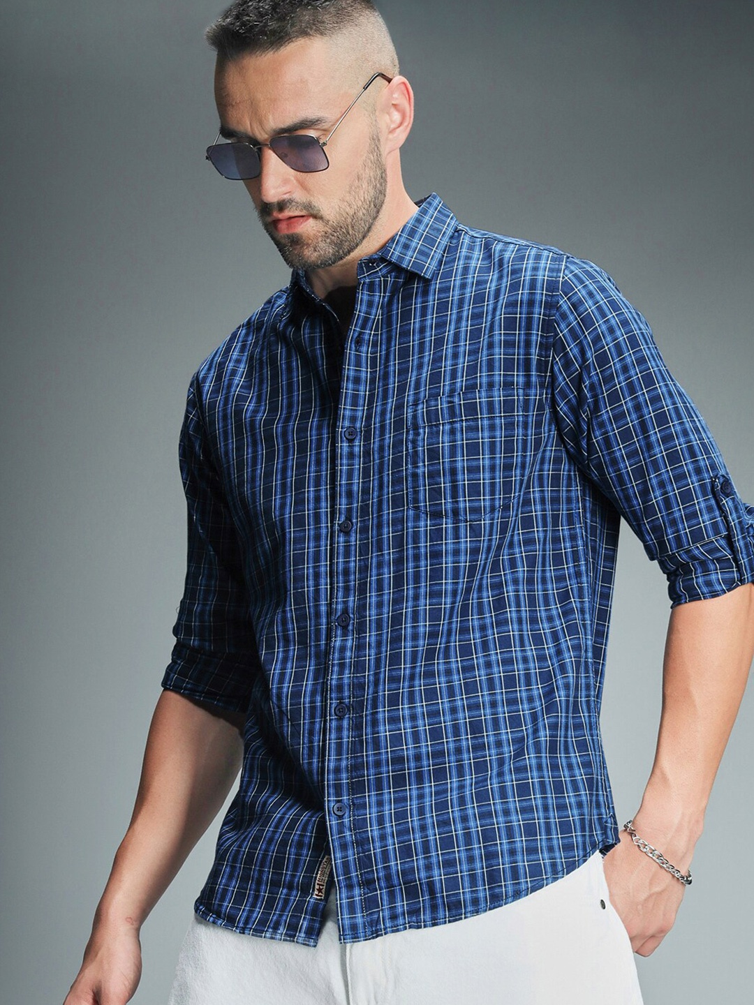 

High Star Classic Grid Tattersall Checked Pure Cotton Casual Shirt, Blue