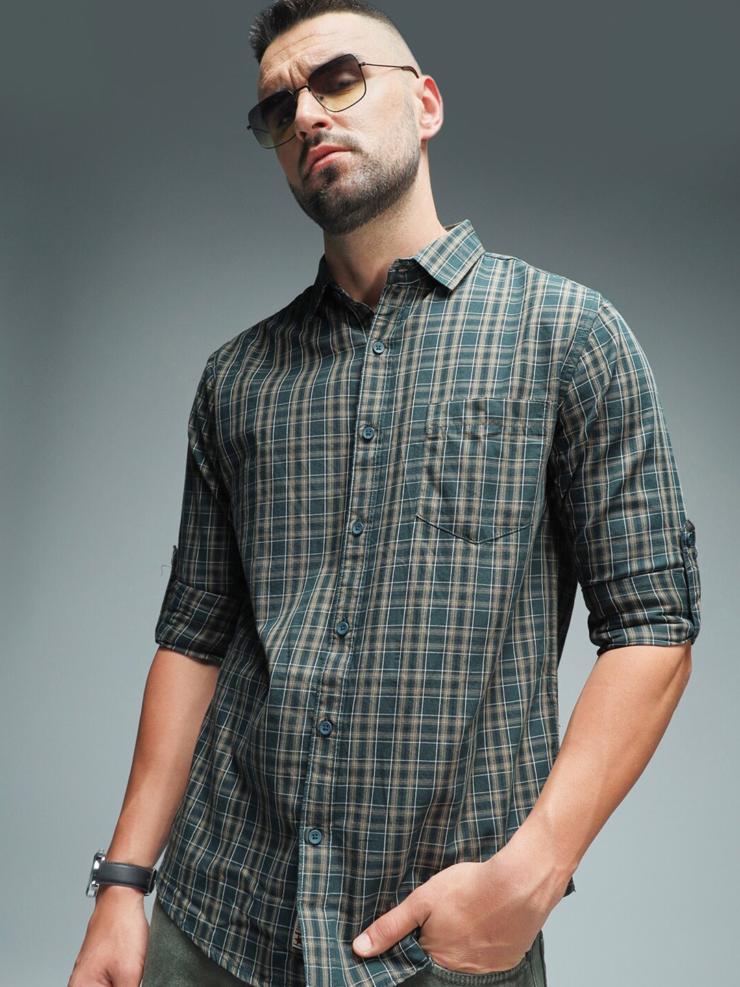 

High Star Classic Checked Cotton Spread Collar Curved Casual Shirt, Olive