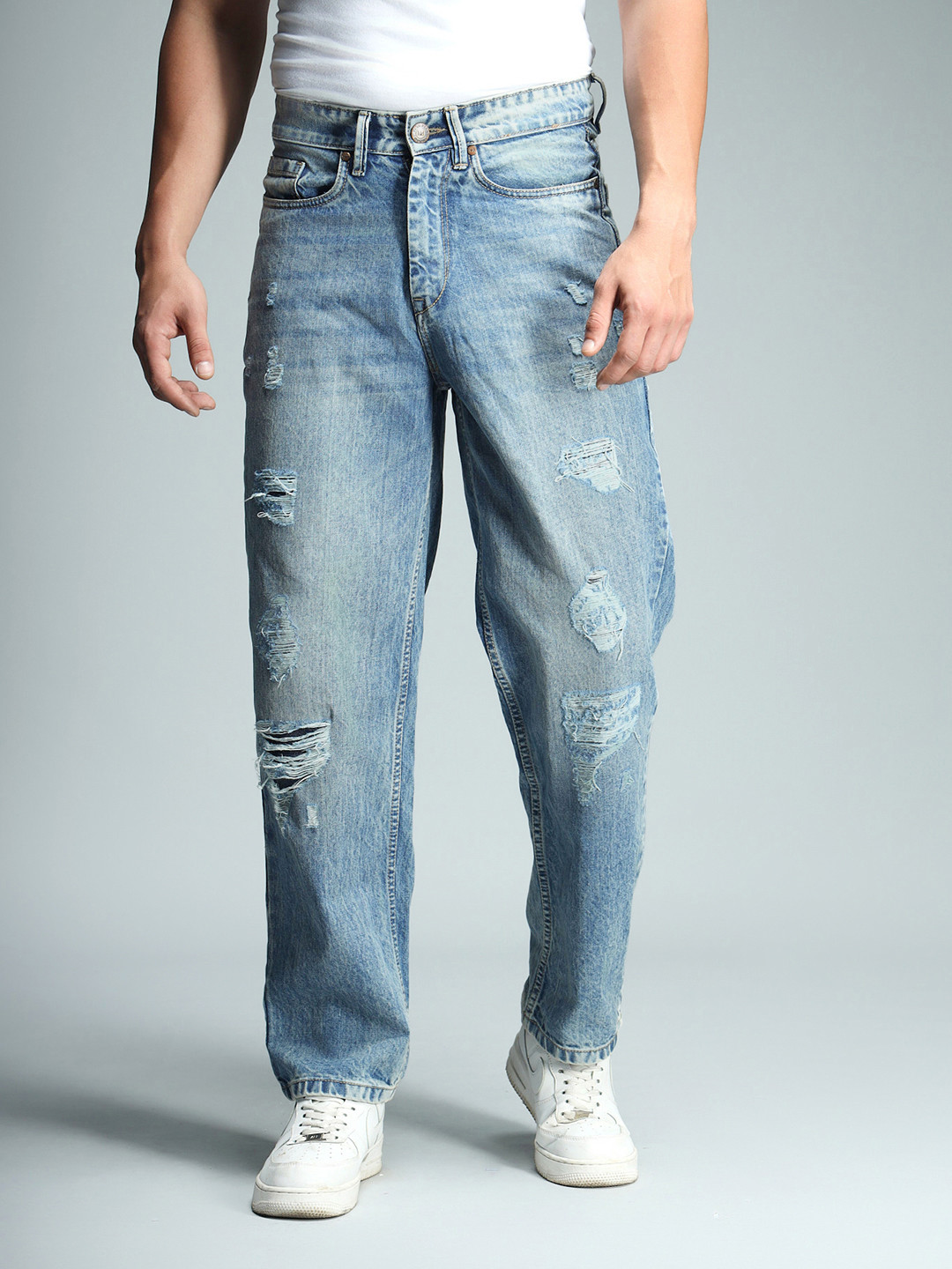 

High Star Men Highly Distressed Light Fade Stretchable Jeans, Blue