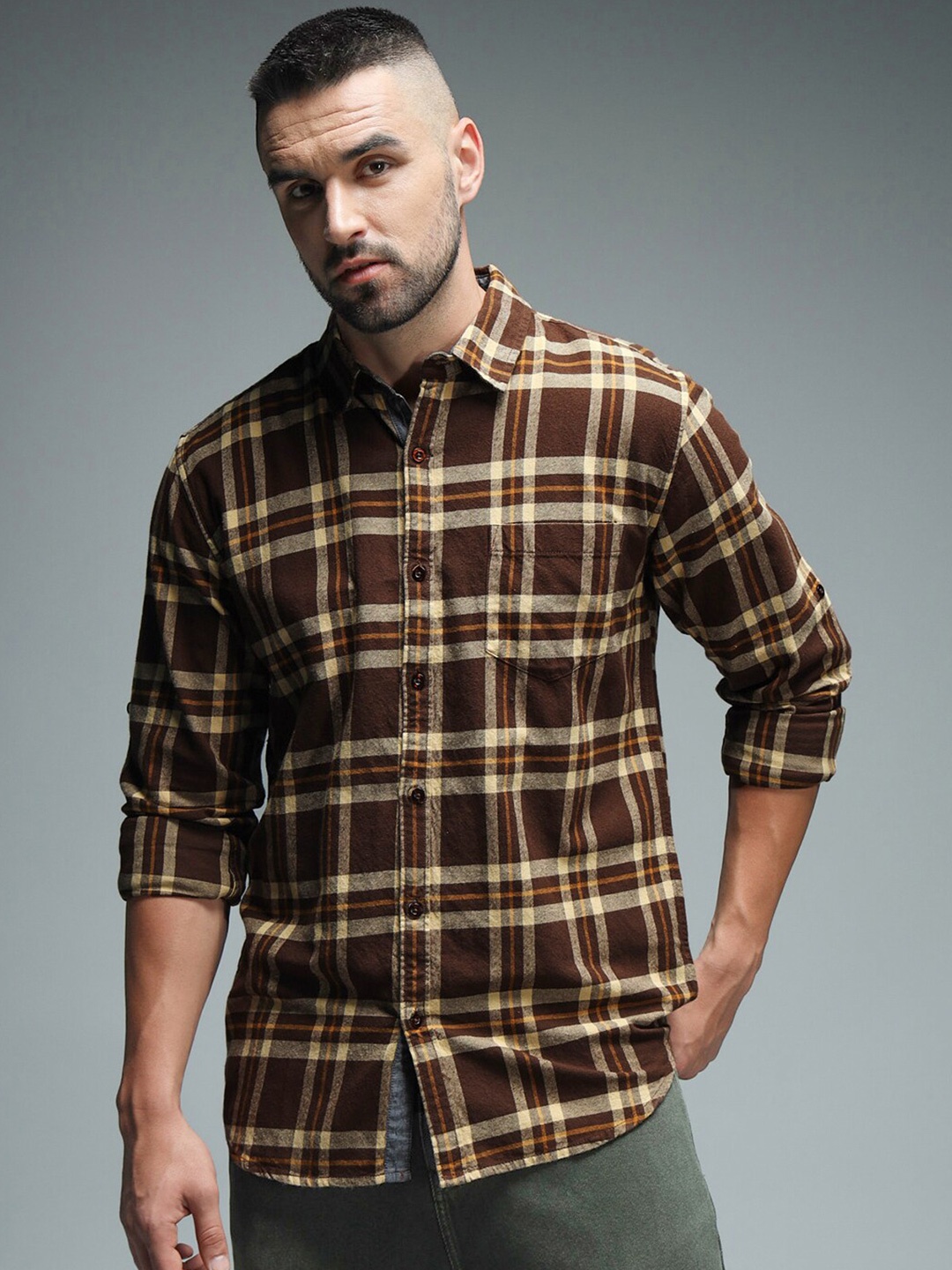 

High Star Standard Tartan Checked Pure Cotton Casual Shirt, Brown
